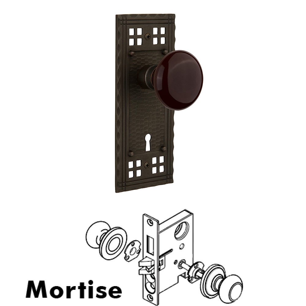 Mortise Craftsman Plate with Brown Porcelain Knob and Keyhole in Oil Rubbed Bronze