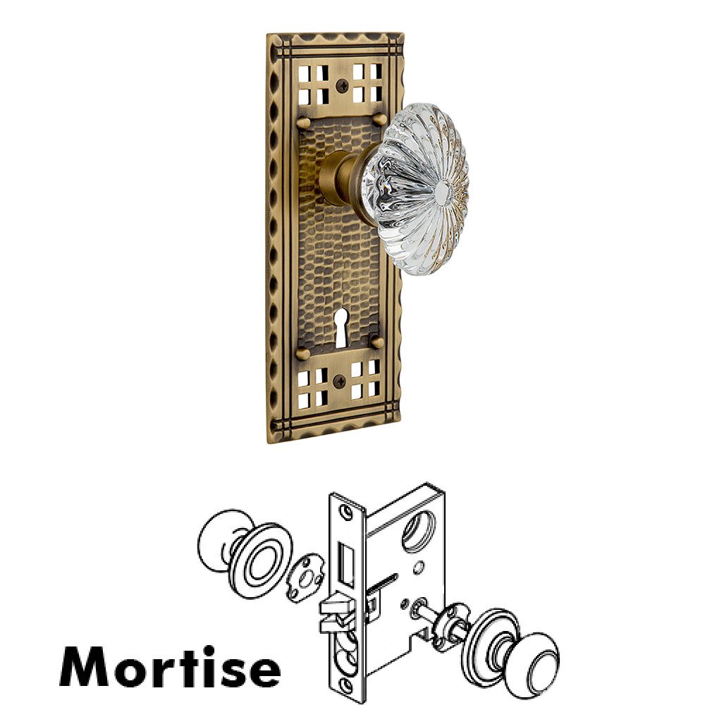 Mortise Craftsman Plate with Oval Fluted Crystal Knob and Keyhole in Antique Brass