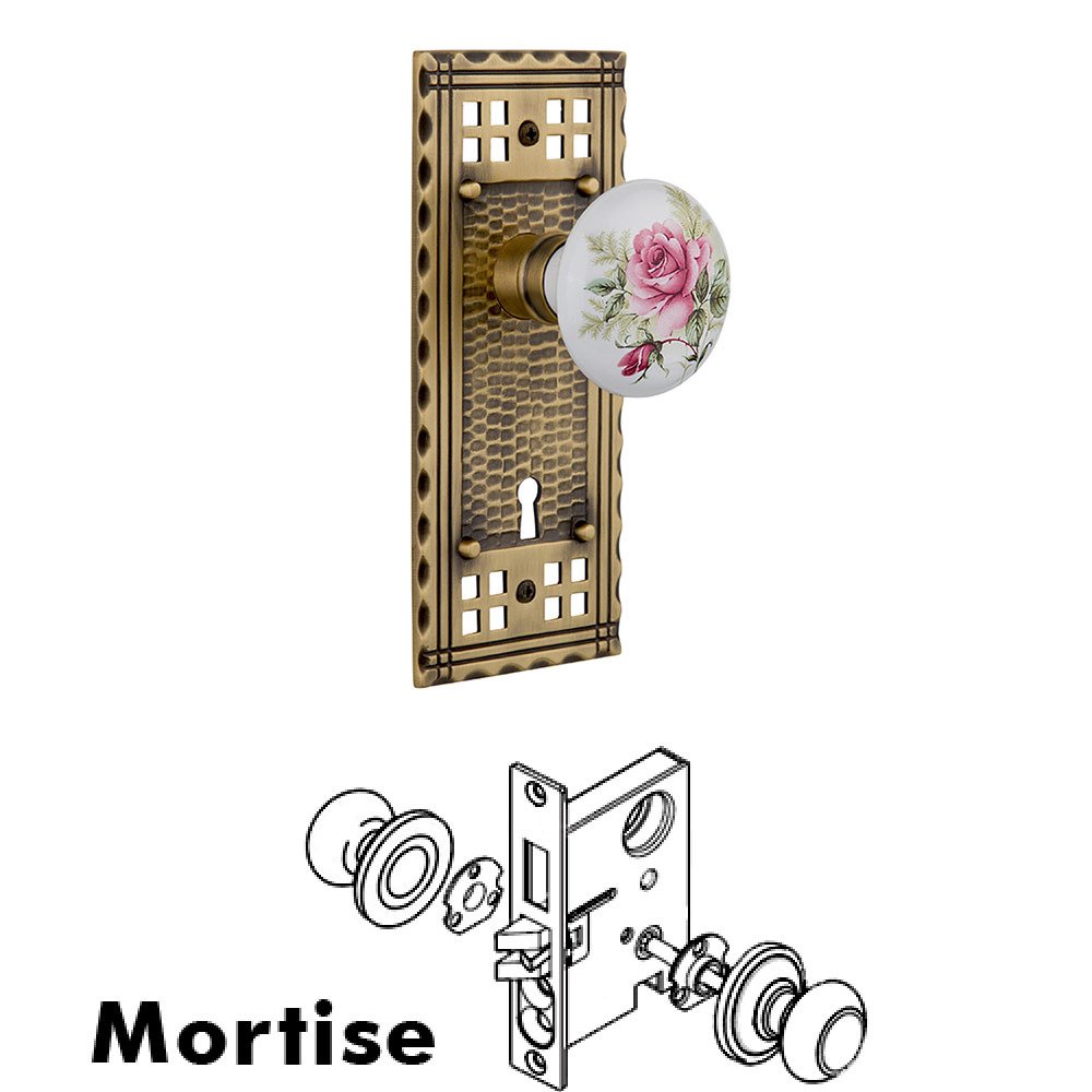 Mortise Craftsman Plate with White Rose Porcelain Knob and Keyhole in Antique Brass