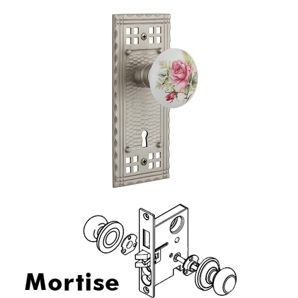 Mortise Craftsman Plate with White Rose Porcelain Knob and Keyhole in Satin Nickel