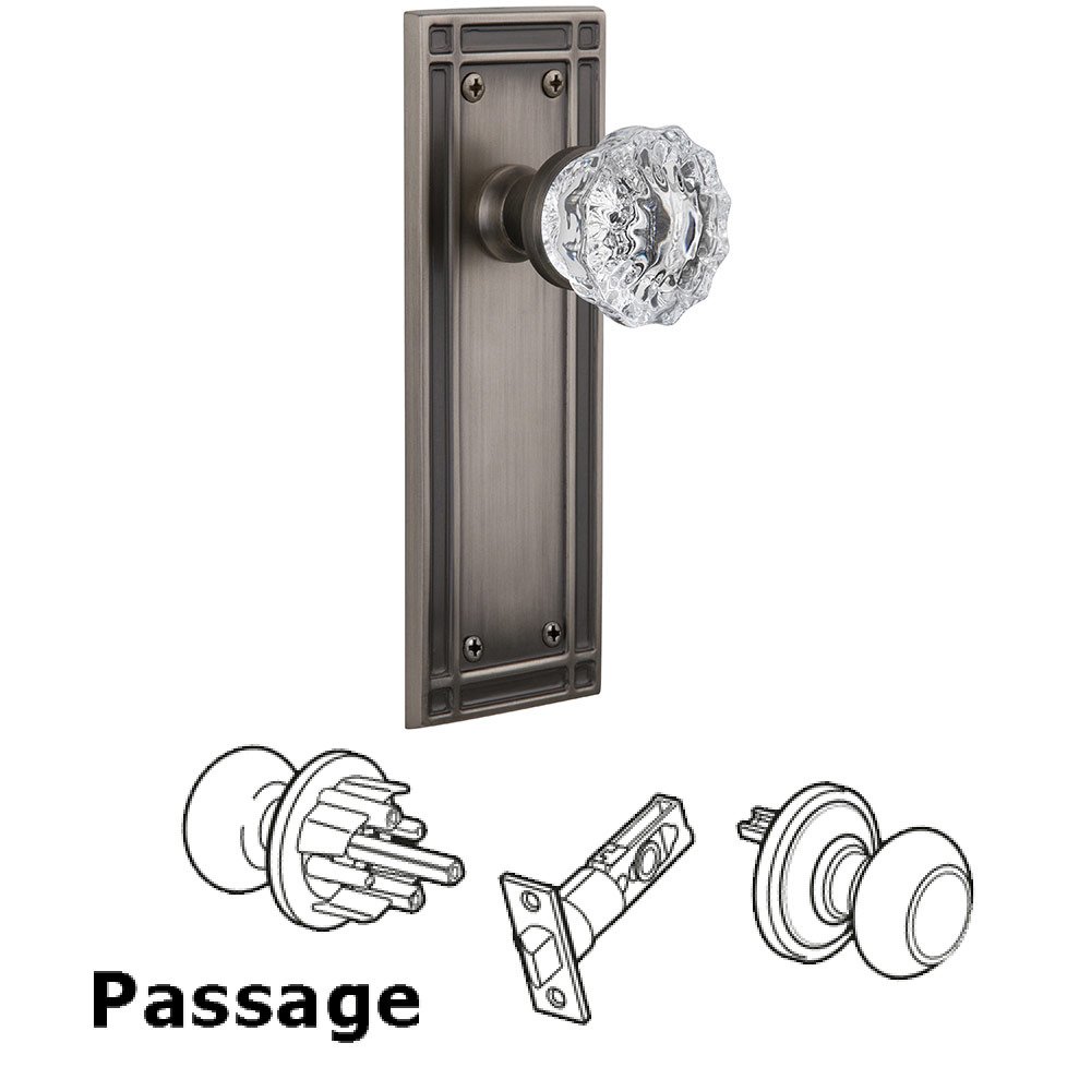 Passage Mission Plate with Crystal Glass Door Knob in Antique Pewter