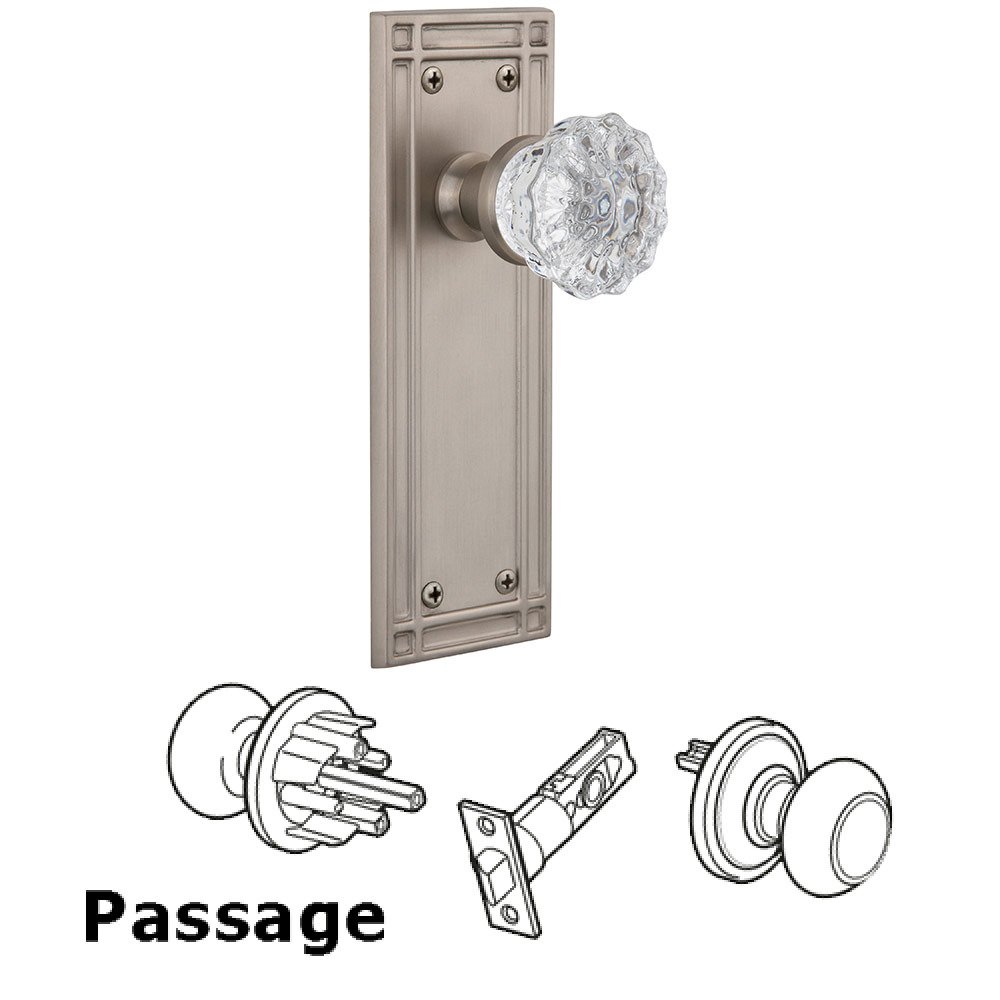 Passage Mission Plate with Crystal Glass Door Knob in Satin Nickel