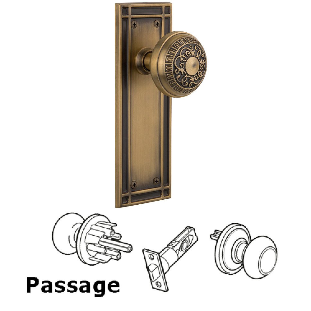 Passage Mission Plate with Egg & Dart Door Knob in Antique Brass