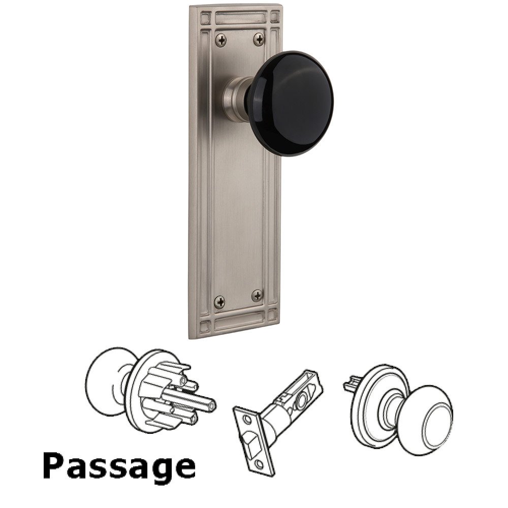 Passage Mission Plate with Black Porcelain Knob in Satin Nickel