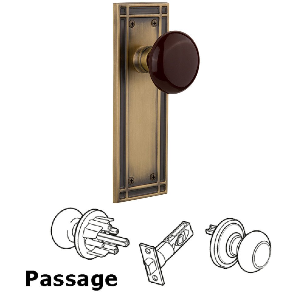 Passage Mission Plate with Brown Porcelain Knob in Antique Brass