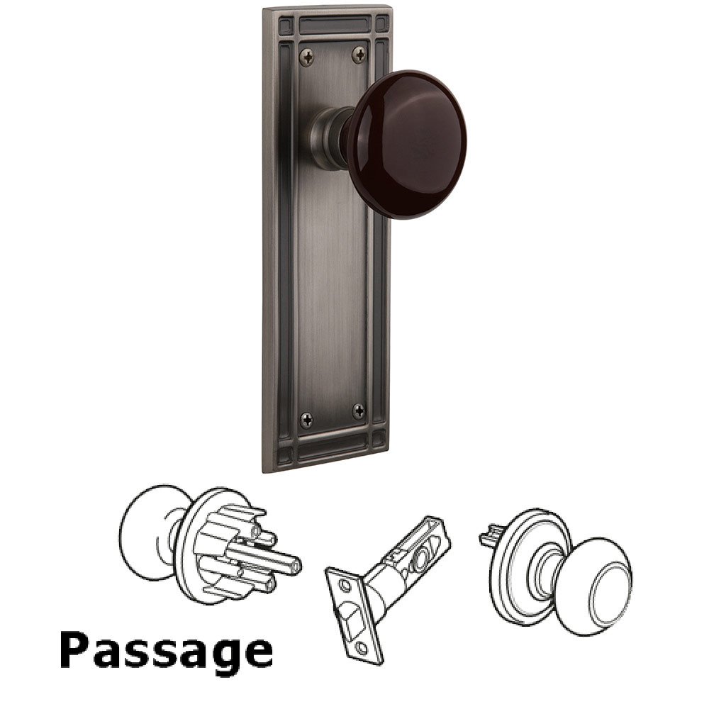 Passage Mission Plate with Brown Porcelain Door Knob in Antique Pewter