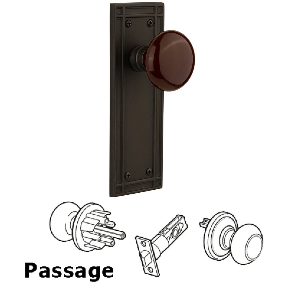 Passage Mission Plate with Brown Porcelain Knob in Oil Rubbed Bronze