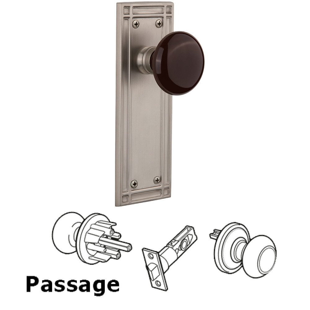 Passage Mission Plate with Brown Porcelain Door Knob in Satin Nickel