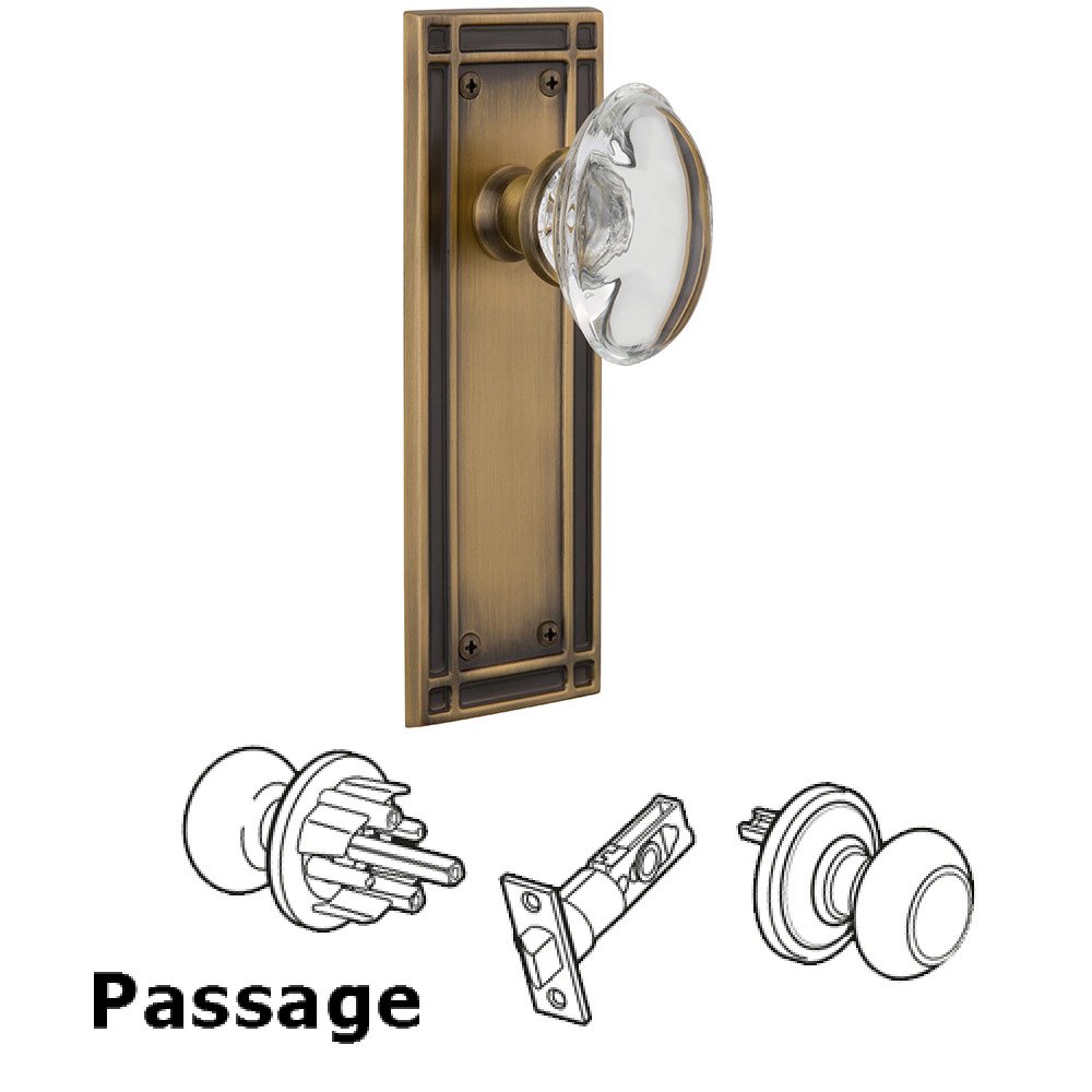 Passage Mission Plate with Oval Clear Crystal Glass Door Knob in Antique Brass