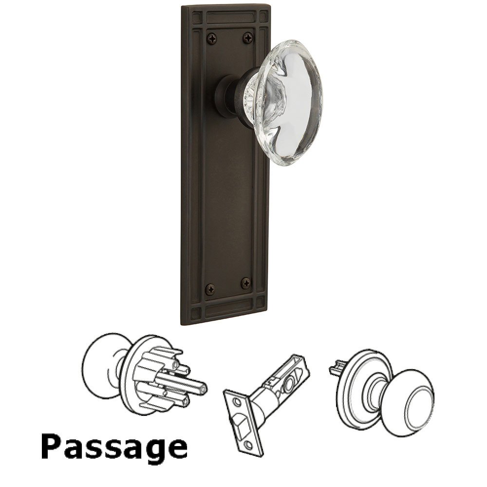 Passage Mission Plate with Oval Clear Crystal Glass Door Knob in Oil-Rubbed Bronze