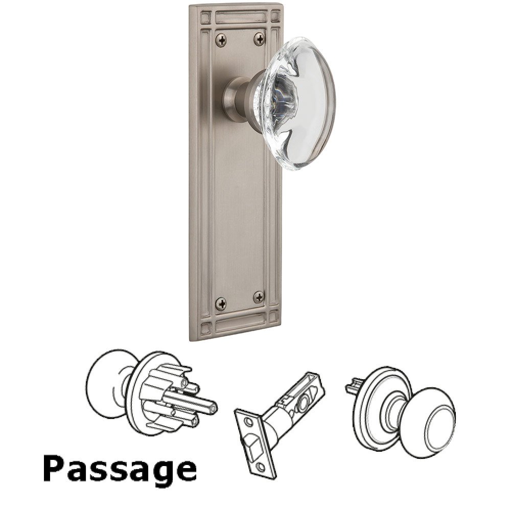 Passage Mission Plate with Oval Clear Crystal Knob in Satin Nickel