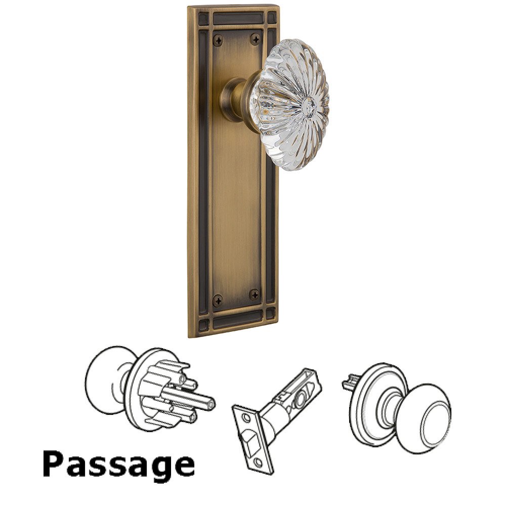 Passage Mission Plate with Oval Fluted Crystal Glass Door Knob in Antique Brass