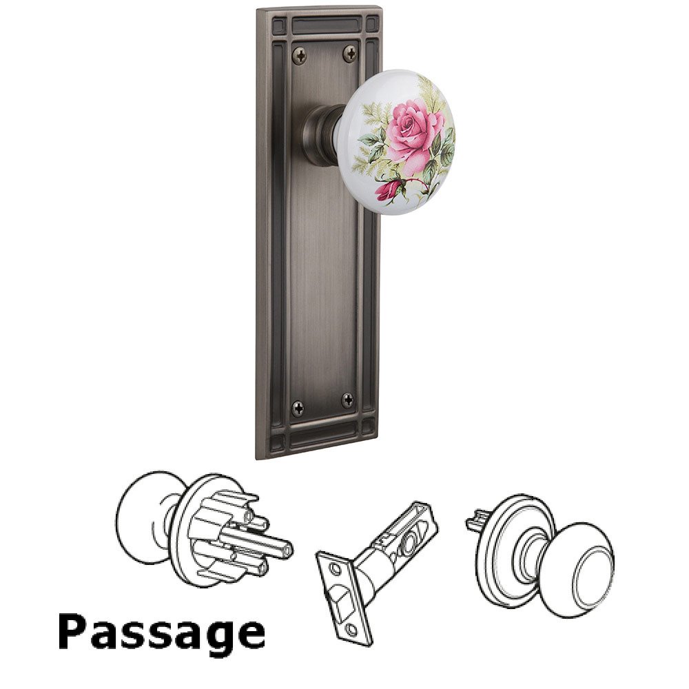 Passage Mission Plate with White Rose Porcelain Knob in Antique Pewter