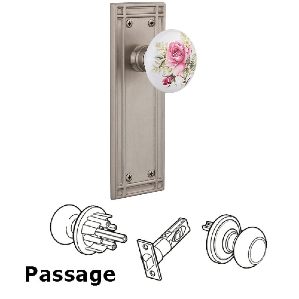 Passage Mission Plate with White Rose Porcelain Knob in Satin Nickel