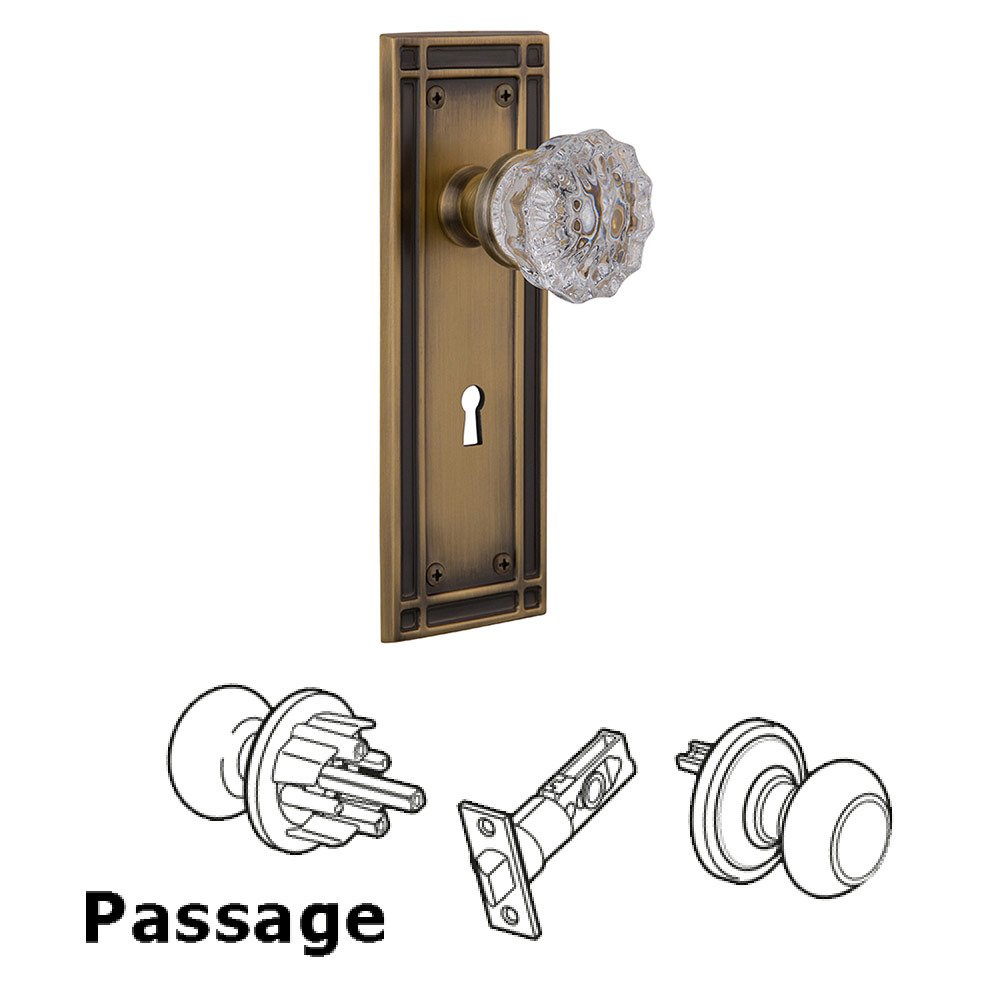 Passage Mission Plate with Crystal Knob and Keyhole in Antique Brass
