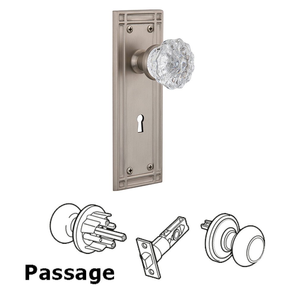 Passage Mission Plate with Crystal Knob and Keyhole in Satin Nickel