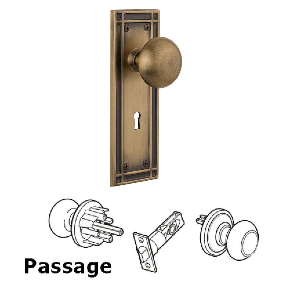 Passage Mission Plate with New York Knob and Keyhole in Antique Brass