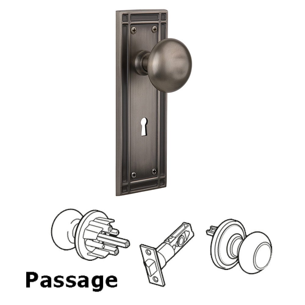 Passage Mission Plate with Keyhole and New York Door Knob in Antique Pewter