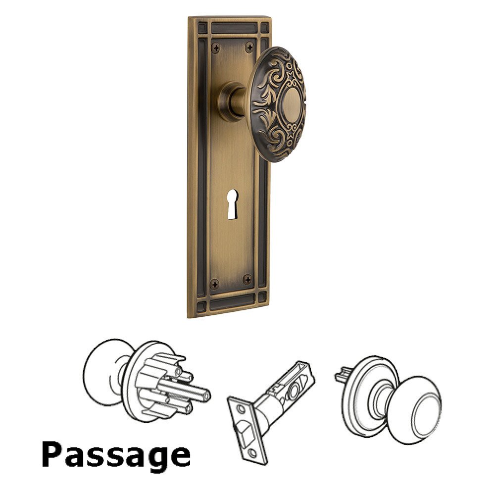 Passage Mission Plate with Keyhole and Victorian Door Knob in Antique Brass