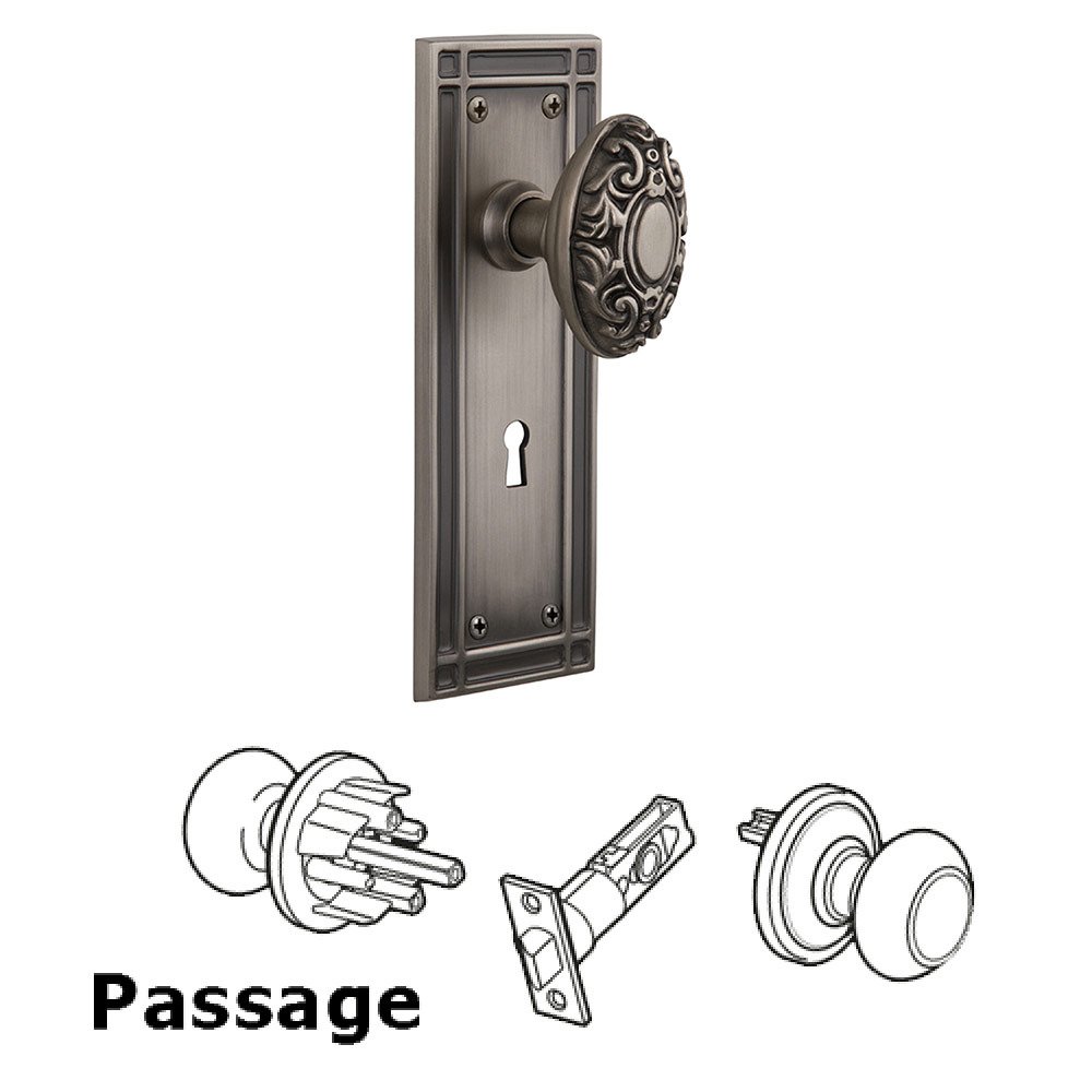 Passage Mission Plate with Keyhole and Victorian Door Knob in Antique Pewter