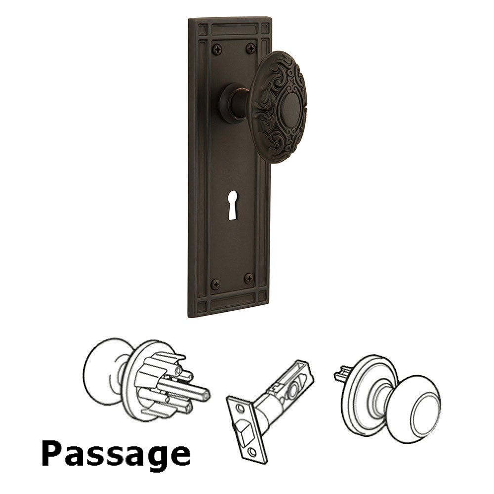 Passage Mission Plate with Keyhole and Victorian Door Knob in Oil-Rubbed Bronze