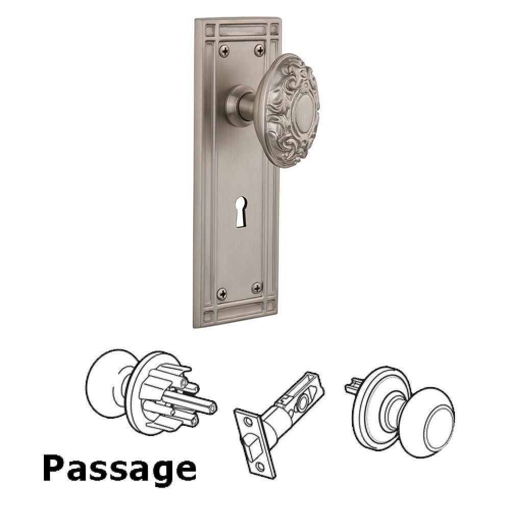 Passage Mission Plate with Victorian Knob and Keyhole in Satin Nickel