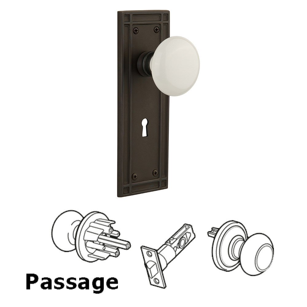 Passage Mission Plate with White Porcelain Knob and Keyhole in Oil Rubbed Bronze