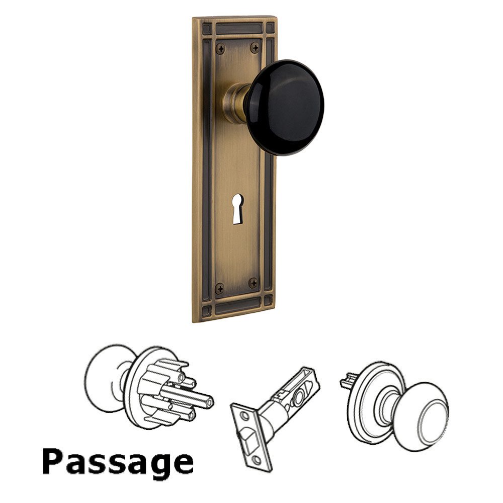 Passage Mission Plate with Keyhole and Black Porcelain Door Knob in Antique Brass