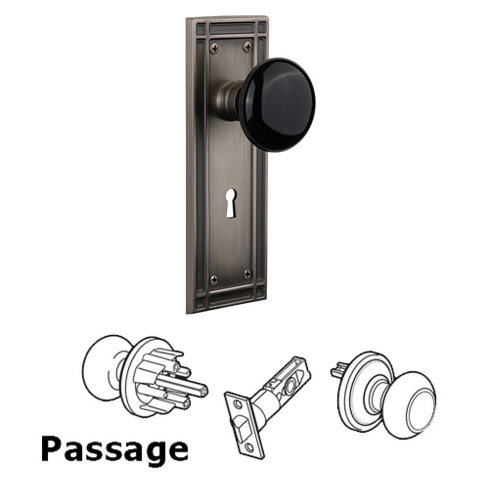 Passage Mission Plate with Keyhole and Black Porcelain Door Knob in Antique Pewter