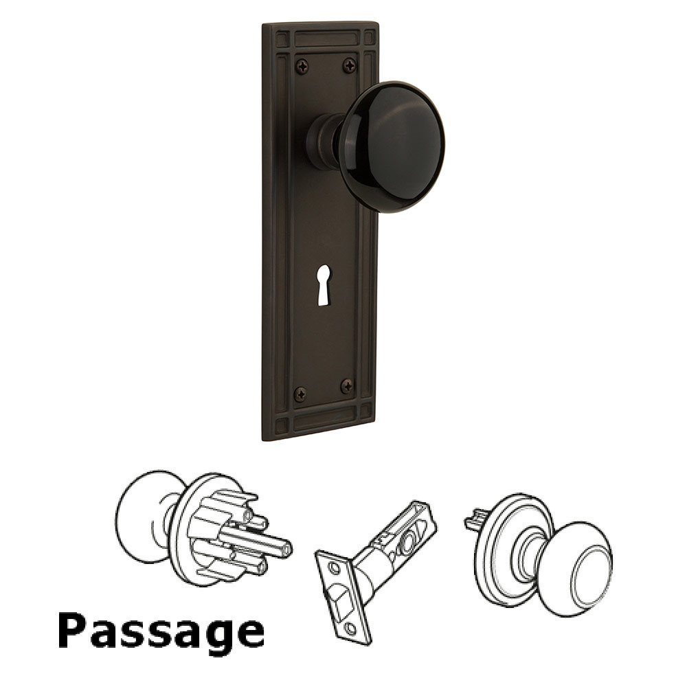 Passage Mission Plate with Keyhole and Black Porcelain Door Knob in Oil-Rubbed Bronze