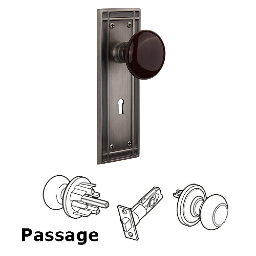 Passage Mission Plate with Brown Porcelain Knob and Keyhole in Antique Pewter