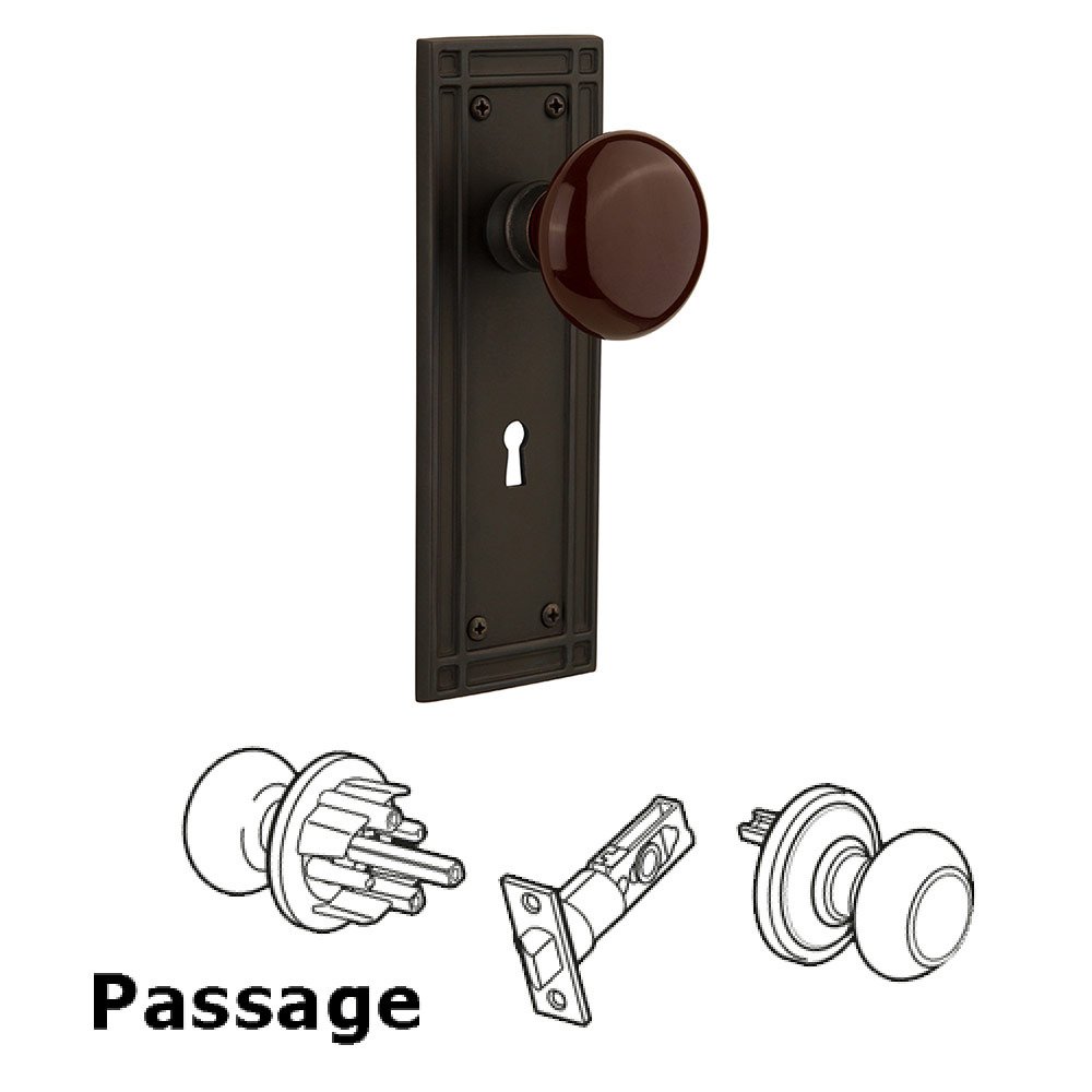 Passage Mission Plate with Brown Porcelain Knob and Keyhole in Oil Rubbed Bronze