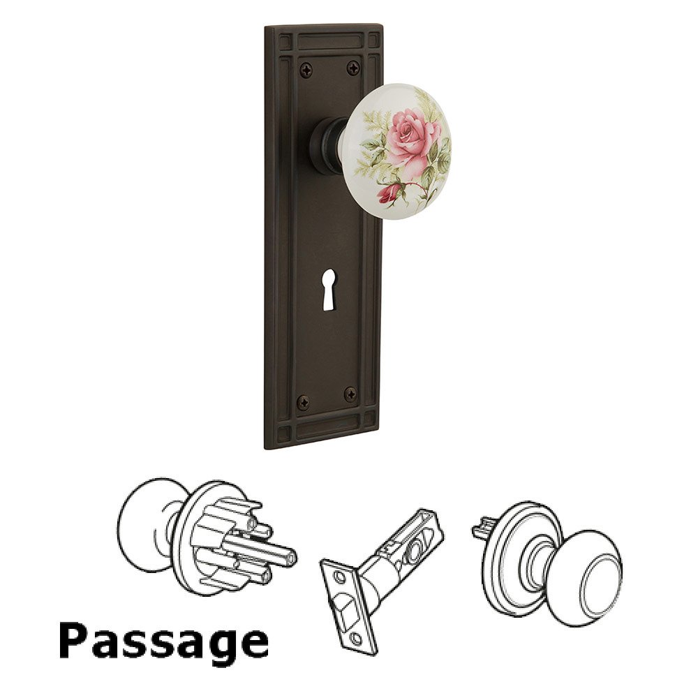 Passage Mission Plate with White Rose Porcelain Knob and Keyhole in Oil Rubbed Bronze