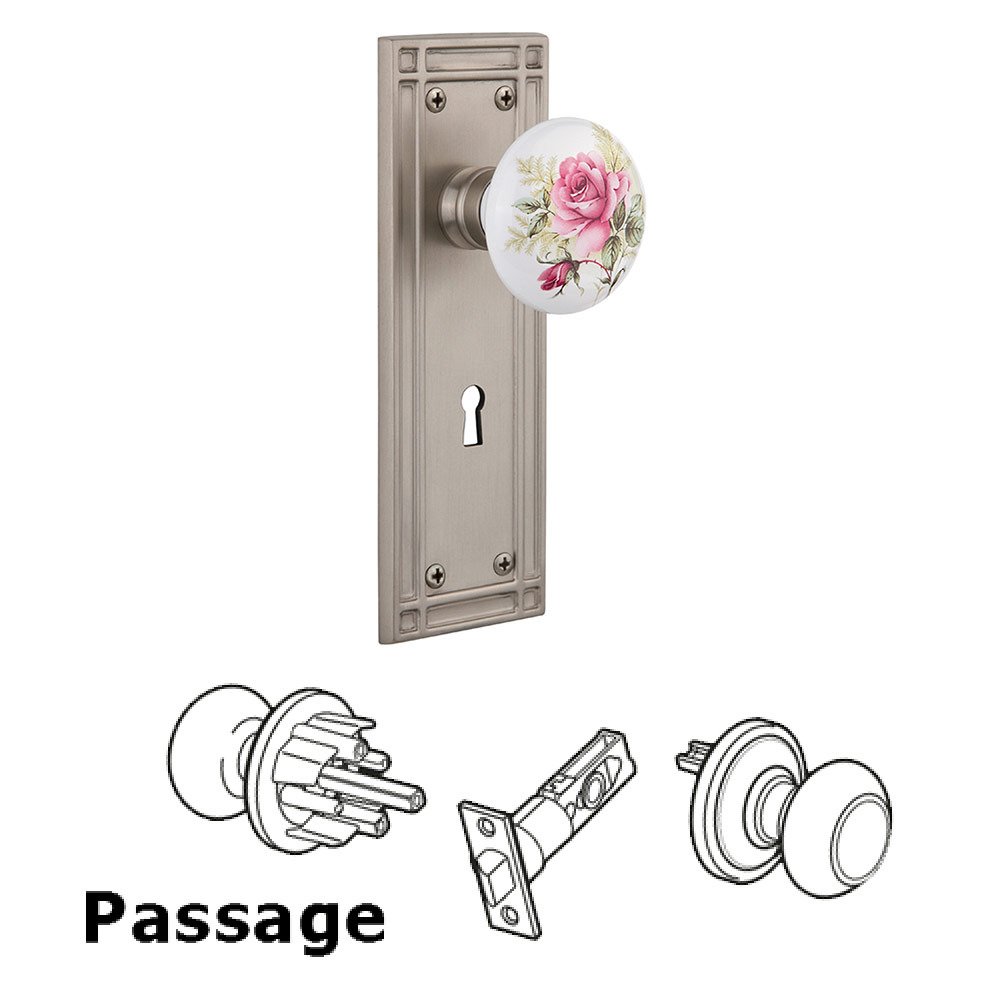 Passage Mission Plate with White Rose Porcelain Knob and Keyhole in Satin Nickel