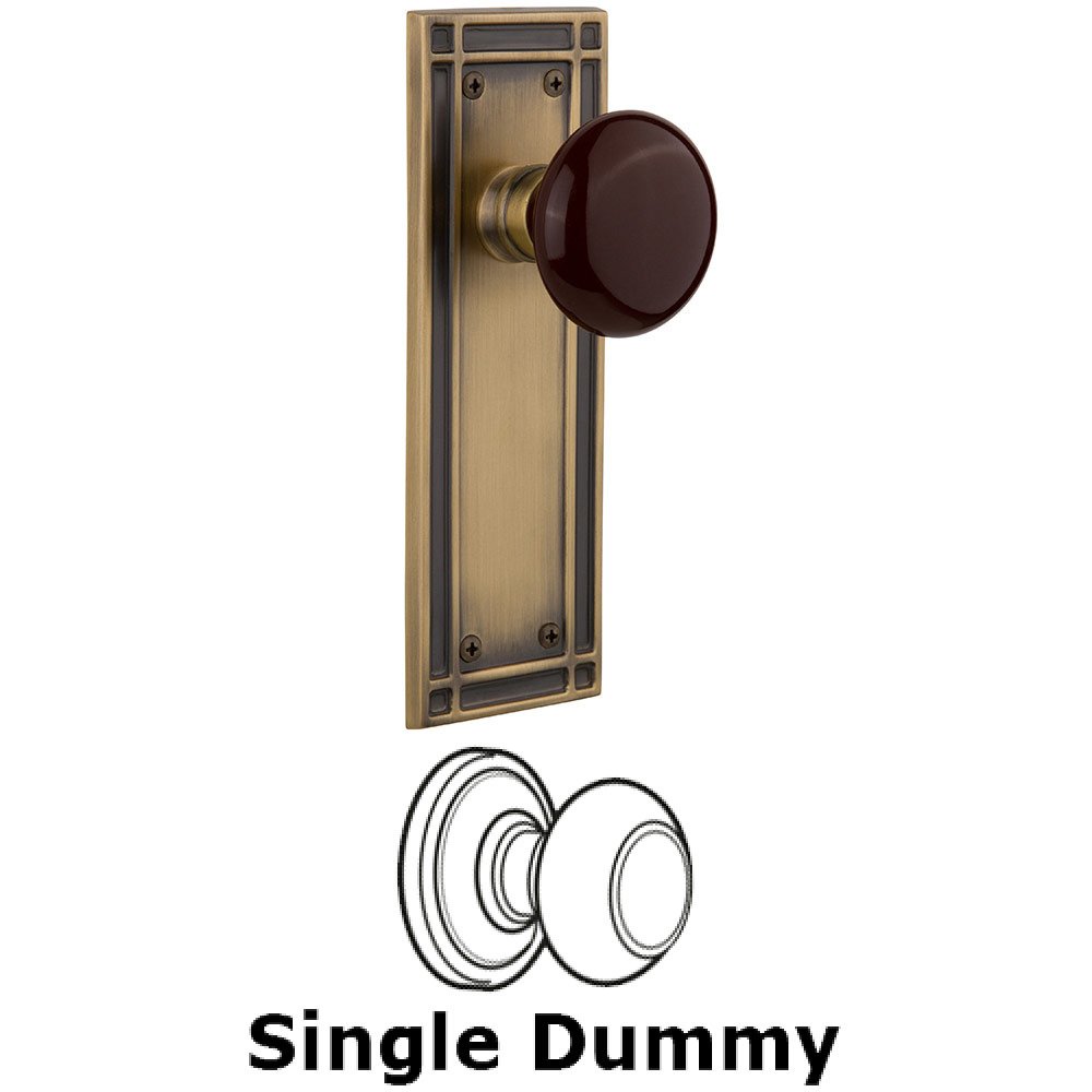 Single Dummy Mission Plate with Brown Porcelain Knob in Antique Brass