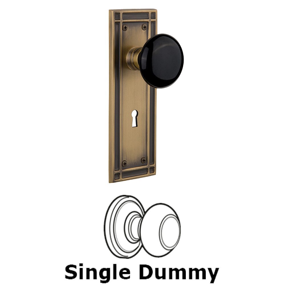 Single Dummy Mission Plate with Black Porcelain Knob and Keyhole in Antique Brass