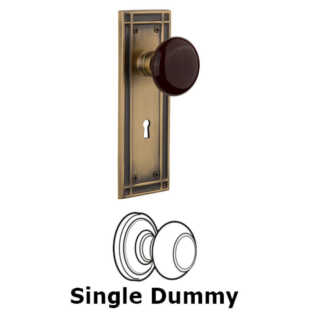 Single Dummy Mission Plate with Brown Porcelain Knob and Keyhole in Antique Brass