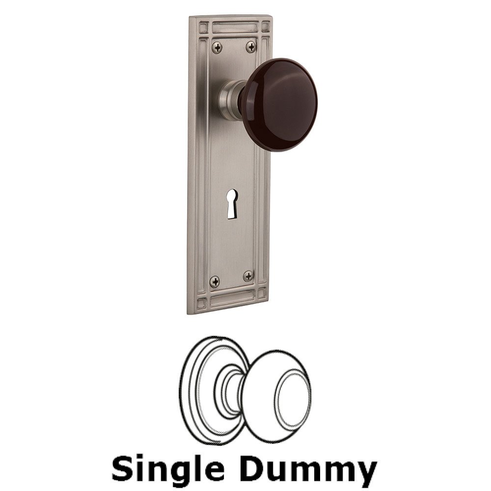 Single Dummy Mission Plate with Brown Porcelain Knob and Keyhole in Satin Nickel