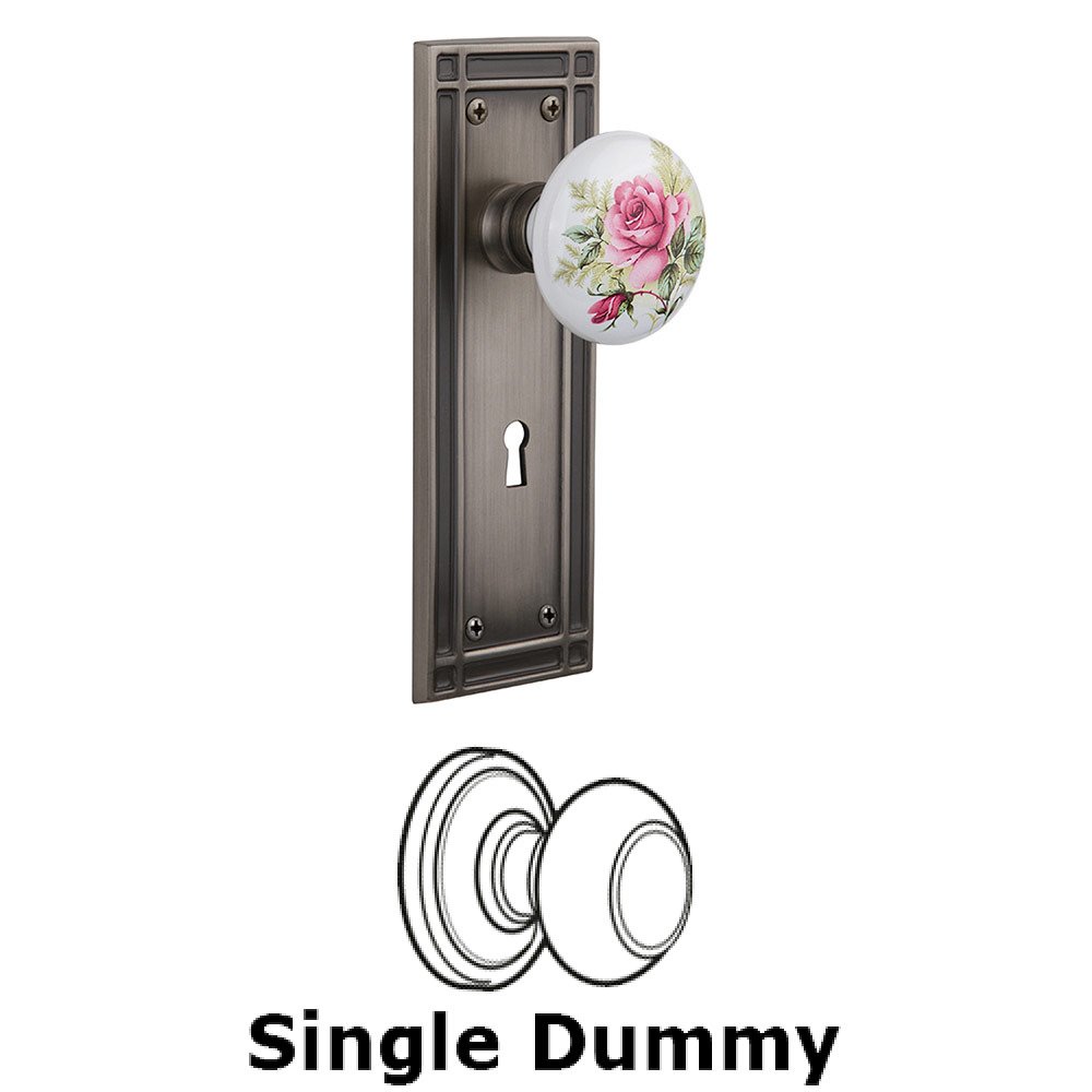 Single Dummy Mission Plate with White Rose Porcelain Knob and Keyhole in Antique Pewter
