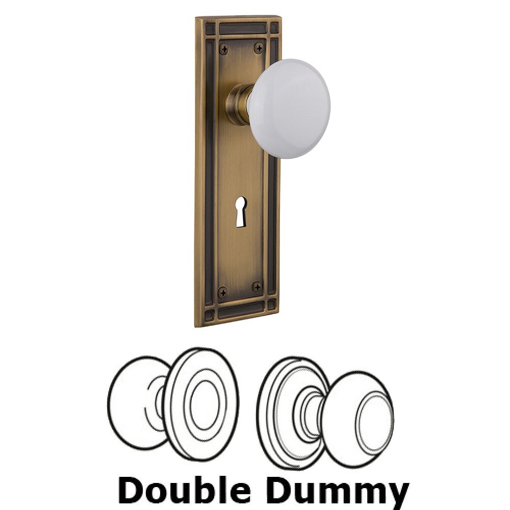 Double Dummy Mission Plate with White Porcelain Knob and Keyhole in Antique Brass