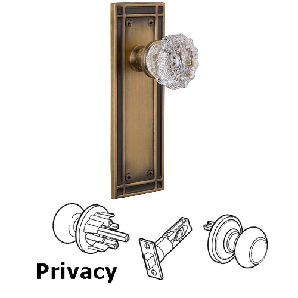 Privacy Mission Plate with Crystal Glass Door Knob in Antique Brass