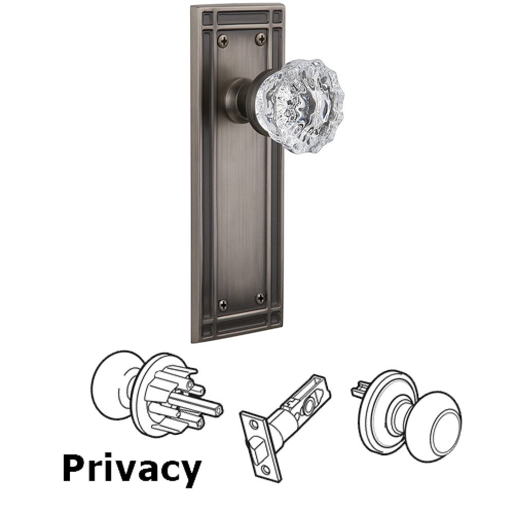 Privacy Mission Plate with Crystal Glass Door Knob in Antique Pewter