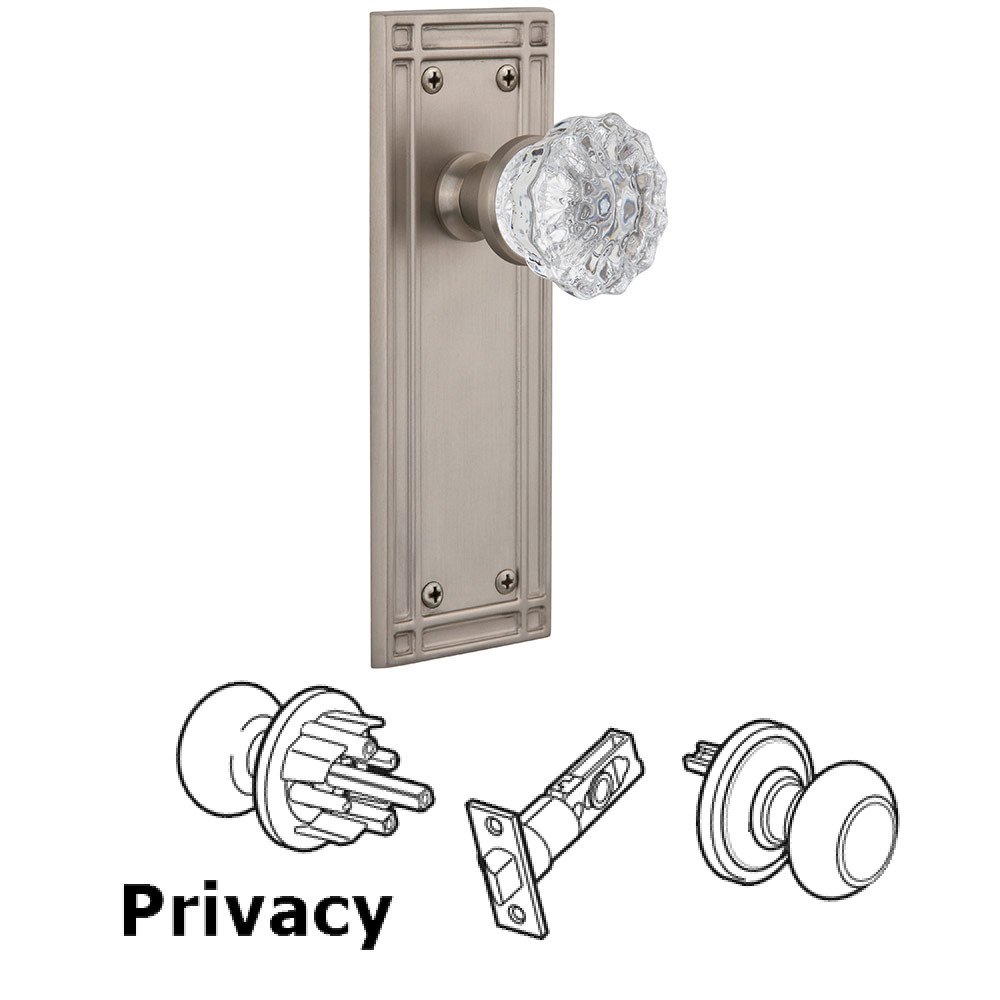 Privacy Mission Plate with Crystal Glass Door Knob in Satin Nickel