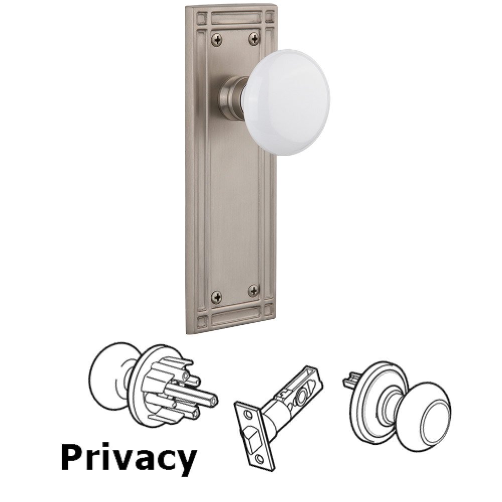 Privacy Mission Plate with White Porcelain Knob in Satin Nickel