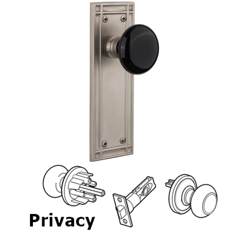 Privacy Mission Plate with Black Porcelain Knob in Satin Nickel