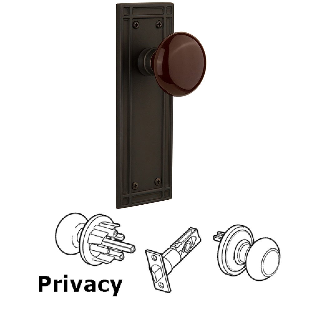 Privacy Mission Plate with Brown Porcelain Knob in Oil Rubbed Bronze