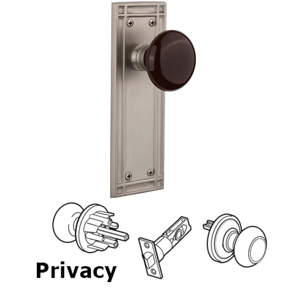 Privacy Mission Plate with Brown Porcelain Door Knob in Satin Nickel