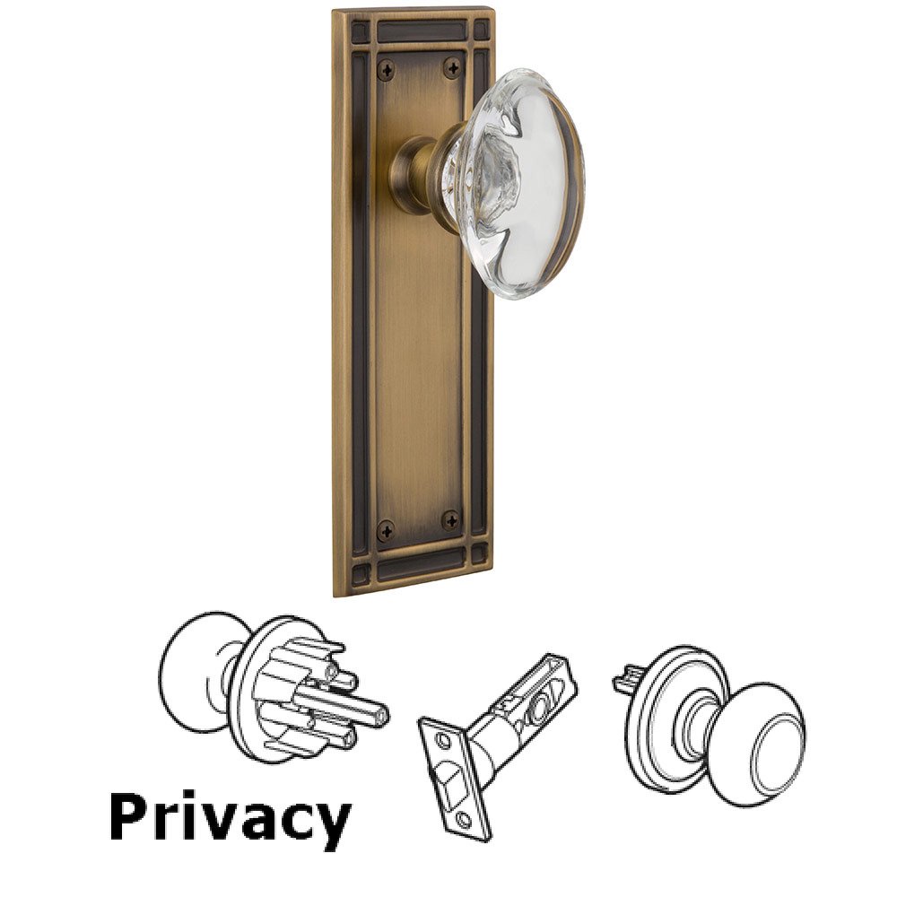 Privacy Mission Plate with Oval Clear Crystal Glass Door Knob in Antique Brass