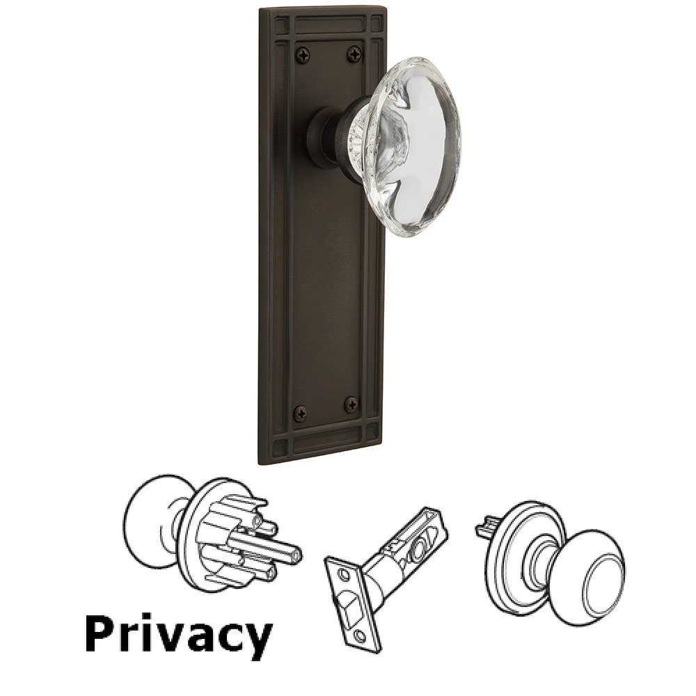 Privacy Mission Plate with Oval Clear Crystal Porcelain Knob in Oil Rubbed Bronze