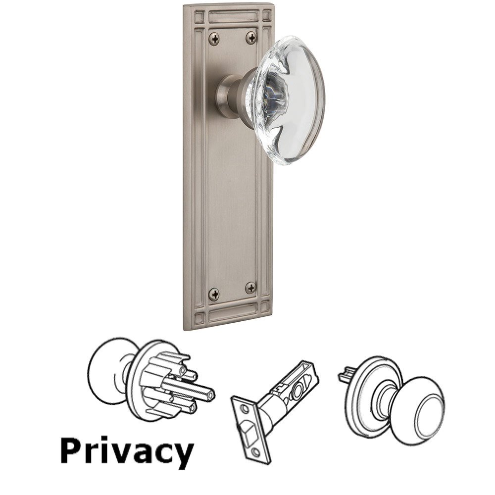 Privacy Mission Plate with Oval Clear Crystal Glass Door Knob in Satin Nickel